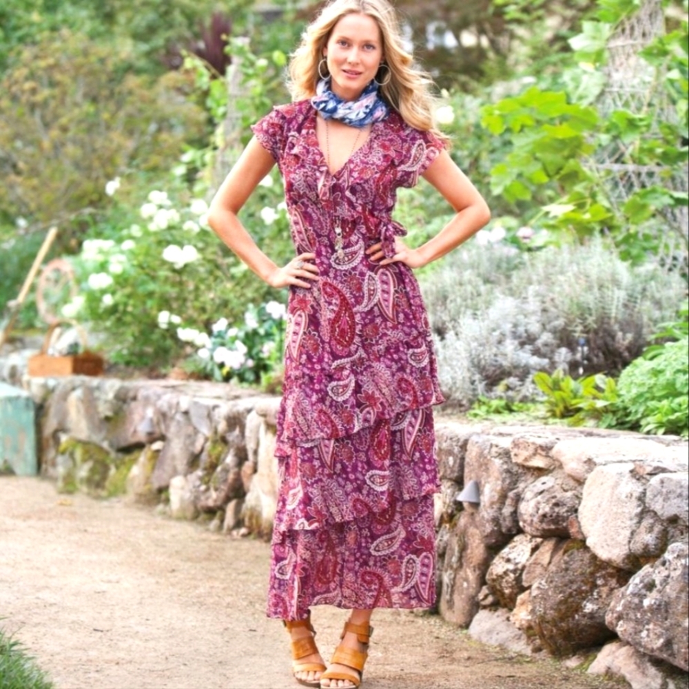 Sundance Samba Maroon 100% Silk Tiered Paisley Ruffle Dress Women's Size 10